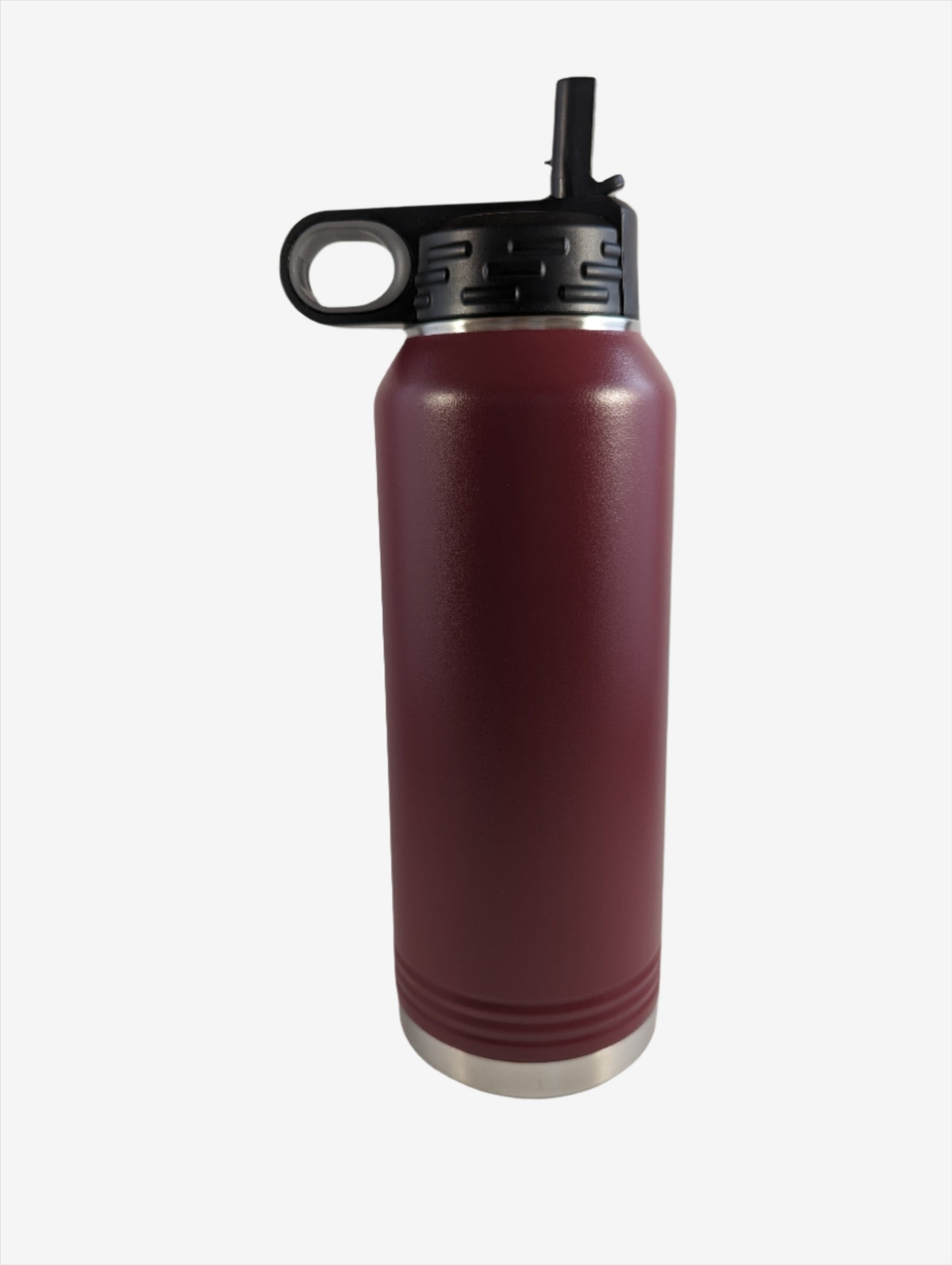 A maroon stainless steel water bottle with custom laser engraving displayed. The bottle is sleek and functional, featuring precise, silver-colored engravings along its surface, showcasing the personalization option available.