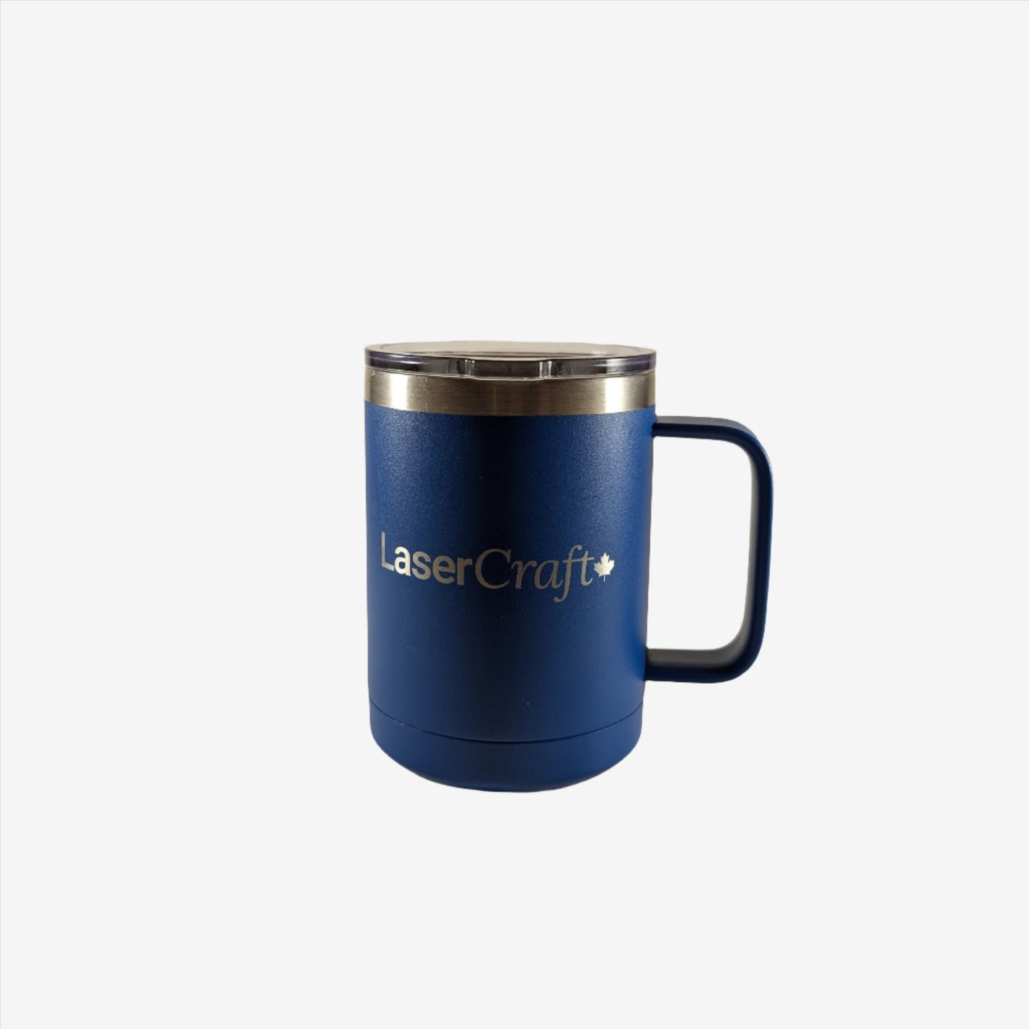 A blue stainless steel mug with custom laser engraving displayed. The mug is sleek and functional, featuring precise, silver-colored engravings along its surface, showcasing the personalization option available.