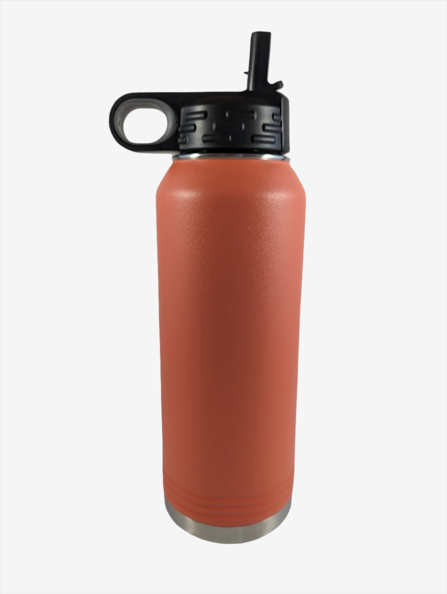 A coral stainless steel water bottle with custom laser engraving displayed. The bottle is sleek and functional, featuring precise, silver-colored engravings along its surface, showcasing the personalization option available.