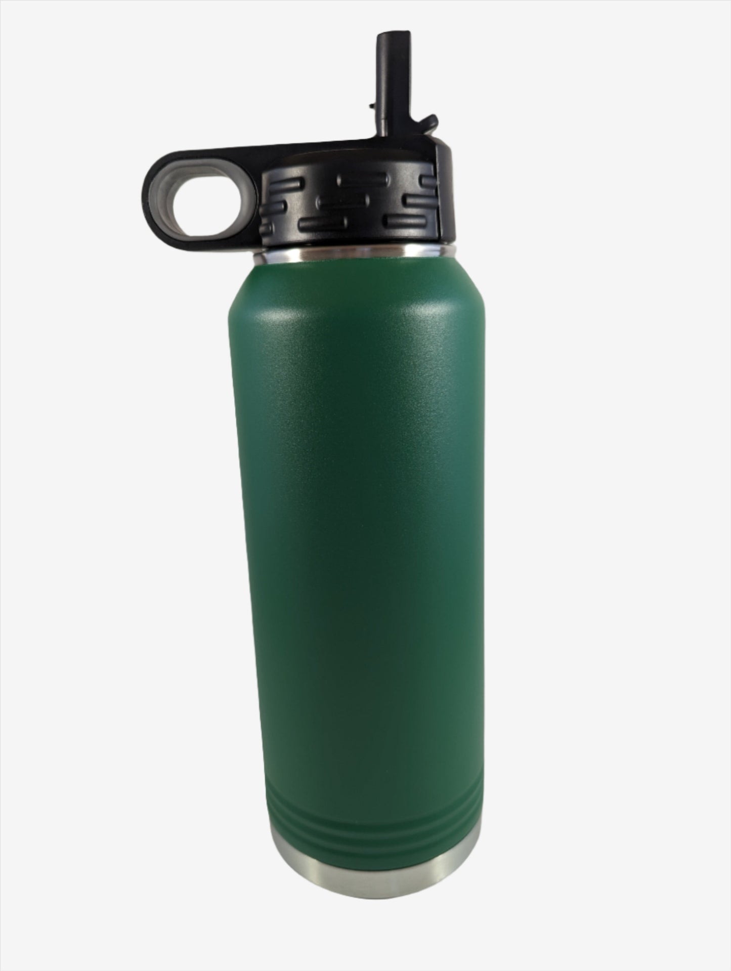 A green stainless steel water bottle with custom laser engraving displayed. The bottle is sleek and functional, featuring precise, silver-colored engravings along its surface, showcasing the personalization option available.