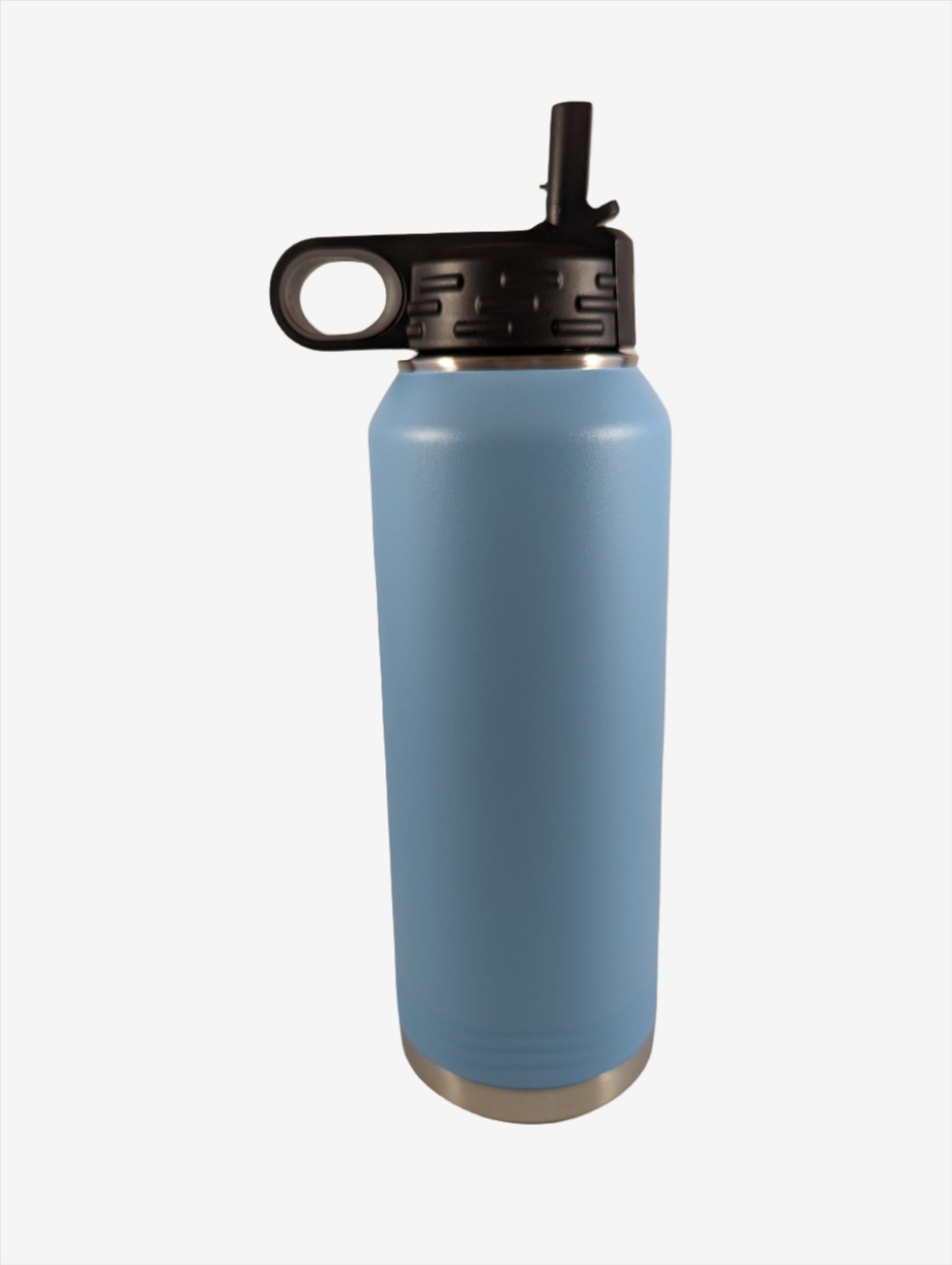 A light blue stainless steel water bottle with custom laser engraving displayed. The bottle is sleek and functional, featuring precise, silver-colored engravings along its surface, showcasing the personalization option available.