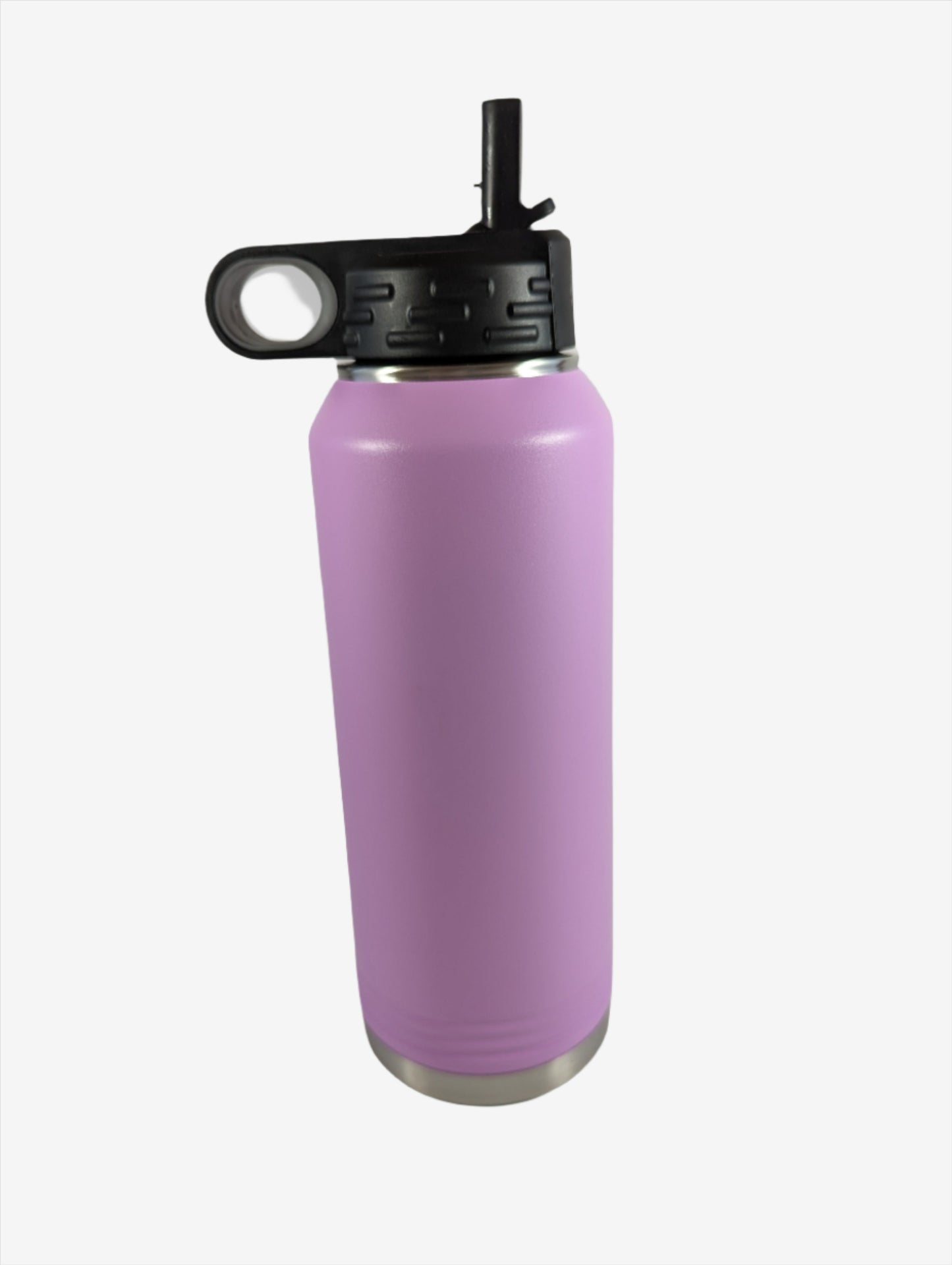 A light purple stainless steel water bottle with custom laser engraving displayed. The bottle is sleek and functional, featuring precise, silver-colored engravings along its surface, showcasing the personalization option available.