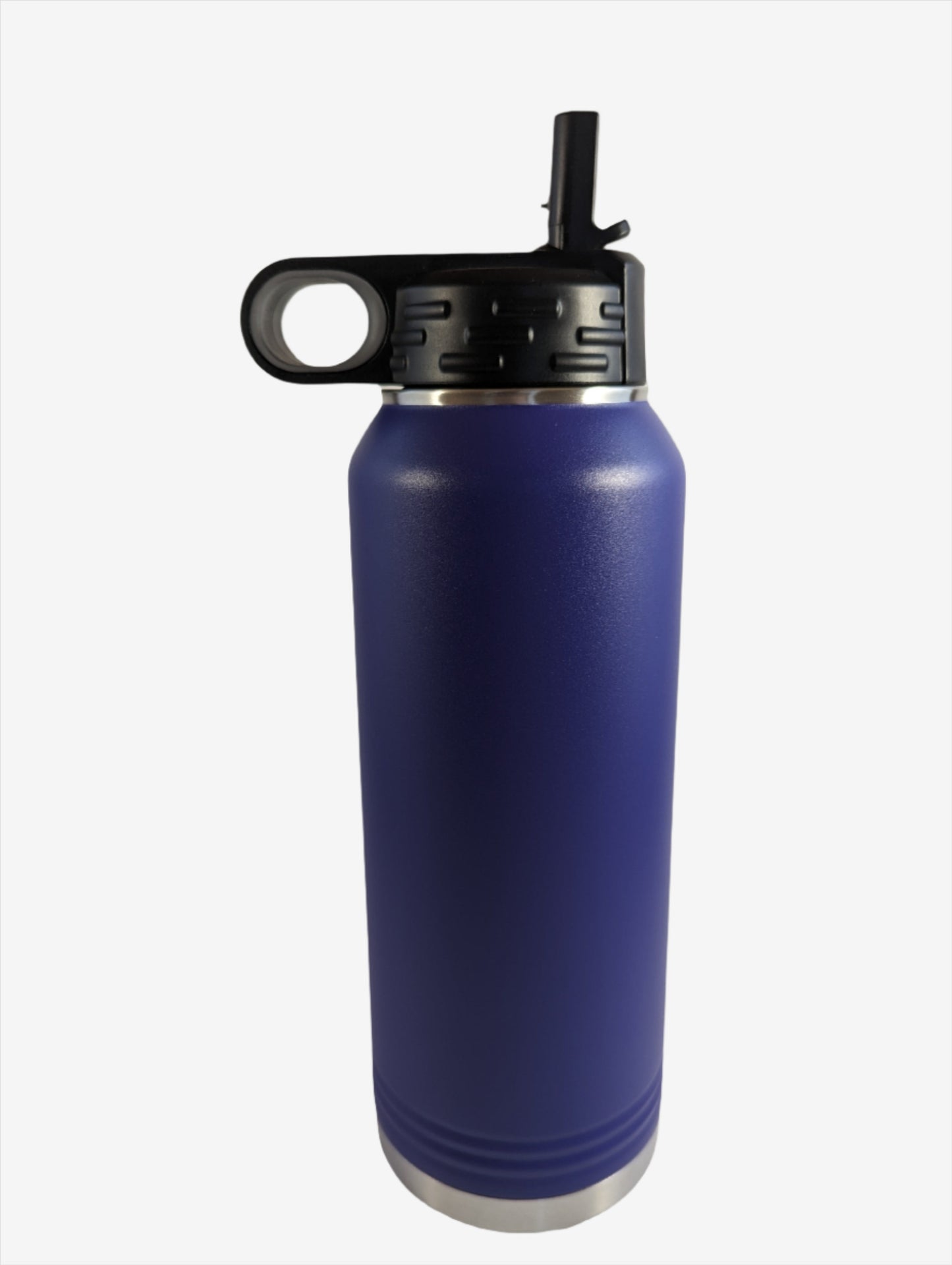 A navy blue stainless steel water bottle with custom laser engraving displayed. The bottle is sleek and functional, featuring precise, silver-colored engravings along its surface, showcasing the personalization option available.