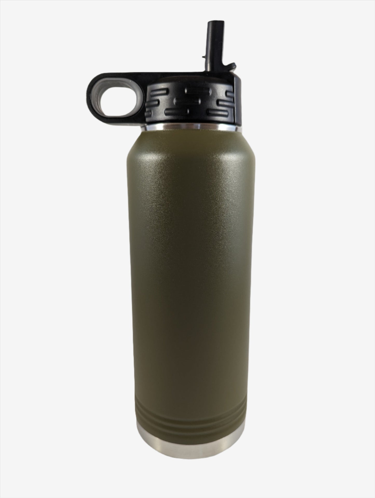 A olive green stainless steel water bottle with custom laser engraving displayed. The bottle is sleek and functional, featuring precise, silver-colored engravings along its surface, showcasing the personalization option available.