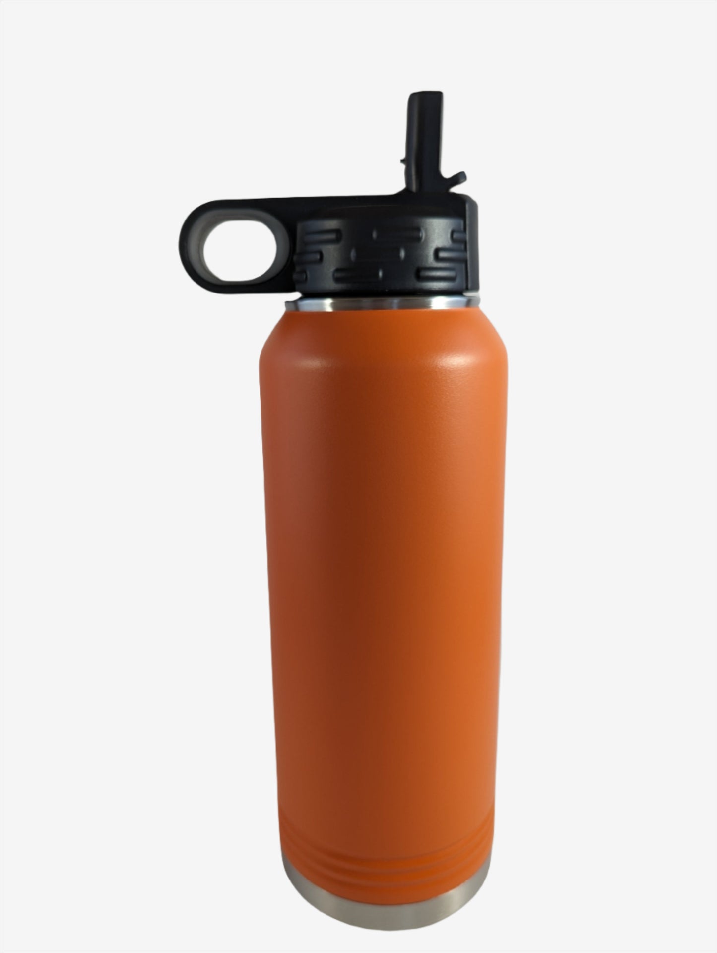 A orange stainless steel water bottle with custom laser engraving displayed. The bottle is sleek and functional, featuring precise, silver-colored engravings along its surface, showcasing the personalization option available.