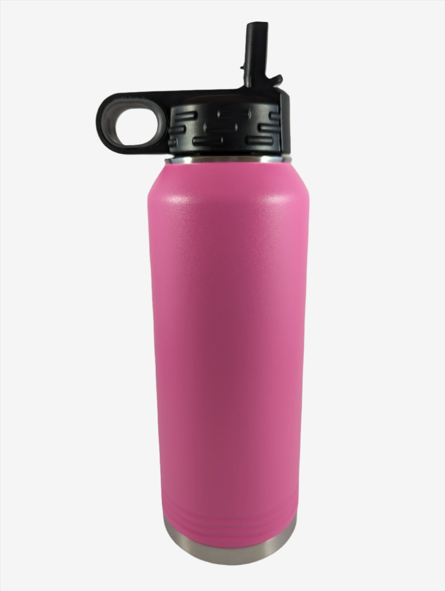 A pink stainless steel water bottle with custom laser engraving displayed. The bottle is sleek and functional, featuring precise, silver-colored engravings along its surface, showcasing the personalization option available.