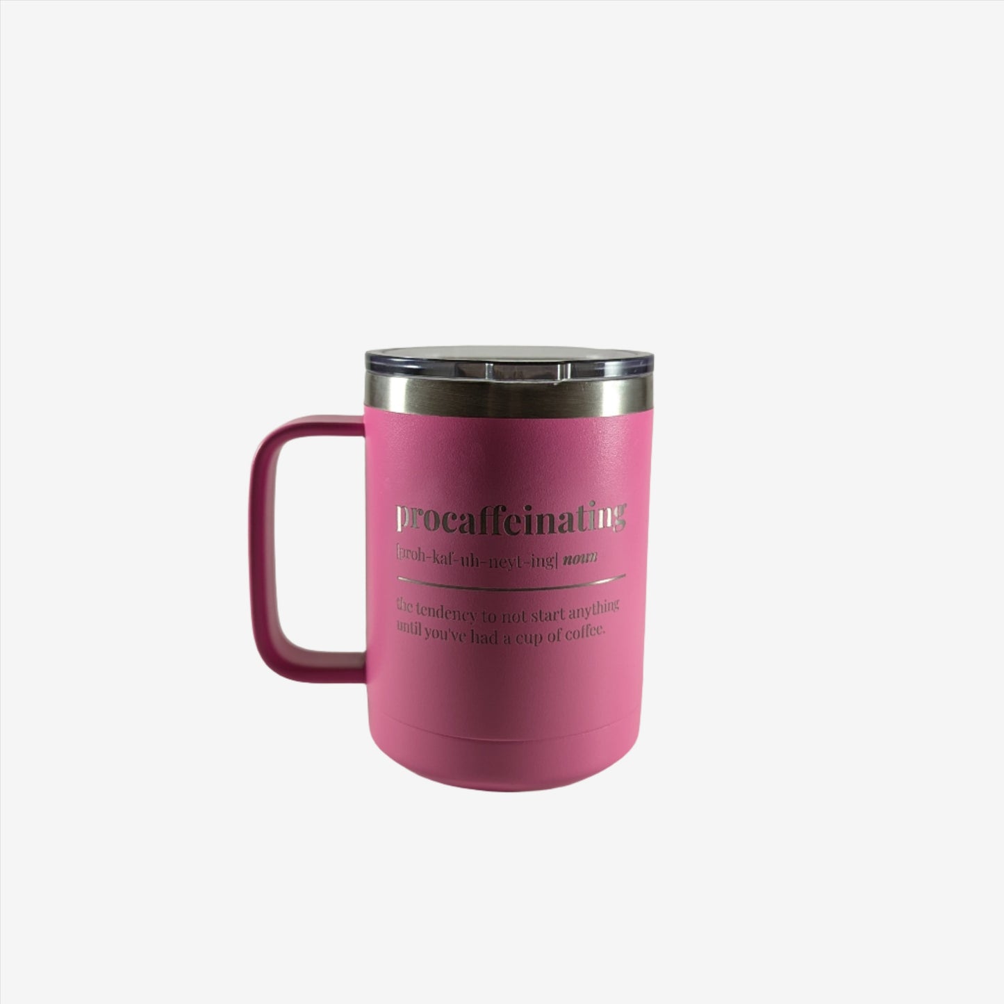 A pink stainless steel mug with custom laser engraving displayed. The mug is sleek and functional, featuring precise, silver-colored engravings along its surface, showcasing the personalization option available.