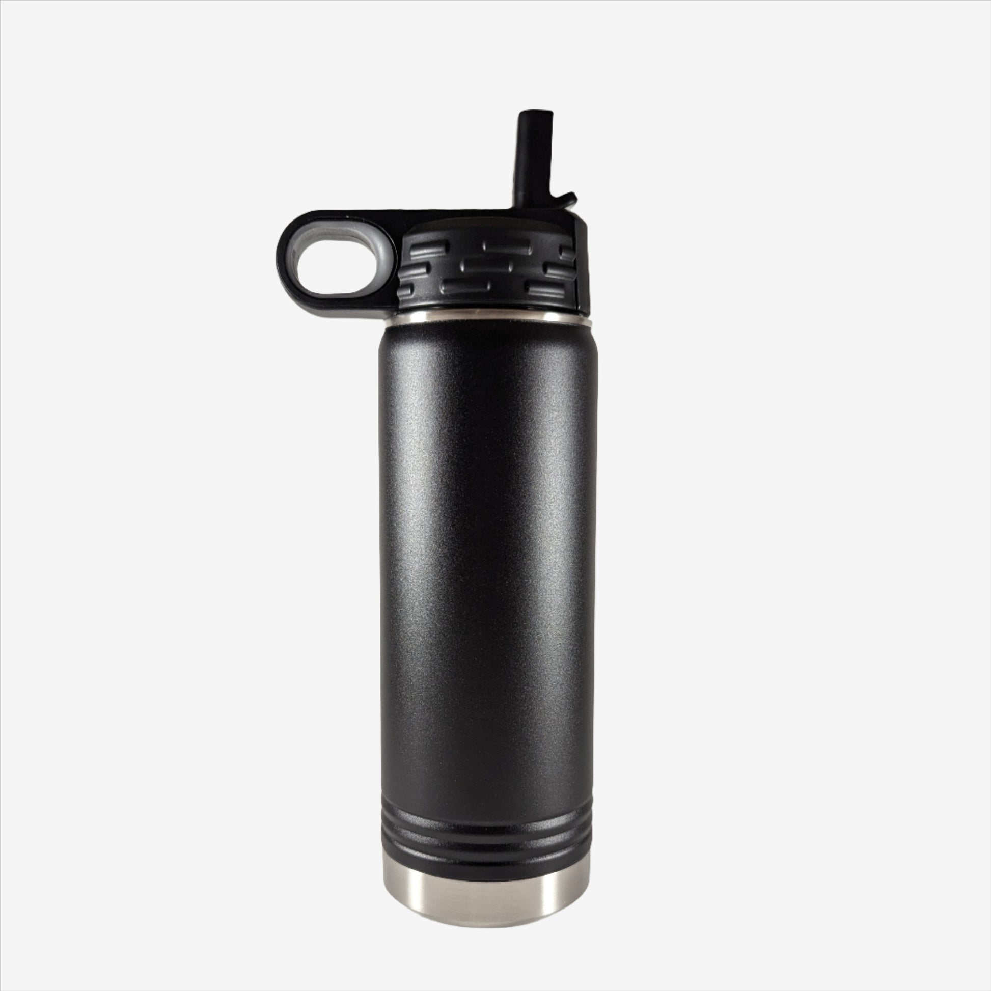 A black stainless steel water bottle with custom laser engraving displayed. The bottle is sleek and functional, featuring precise, silver-colored engravings along its surface, showcasing the personalization option available.