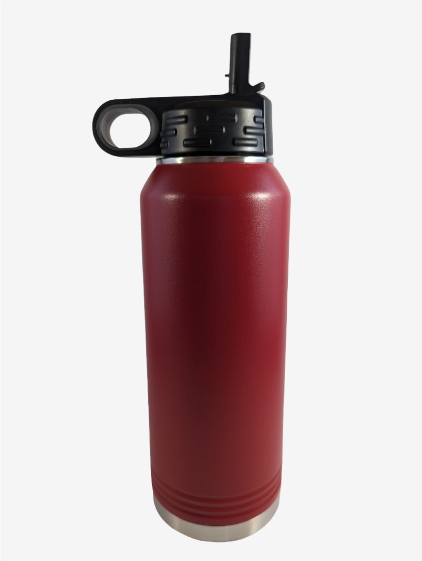 A red stainless steel water bottle with custom laser engraving displayed. The bottle is sleek and functional, featuring precise, silver-colored engravings along its surface, showcasing the personalization option available.