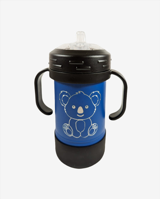 A blue stainless steel sippy cup with custom laser engraving displayed. The sippy cup is sleek and functional, featuring precise, silver-colored engravings along its surface, showcasing the personalization option available.