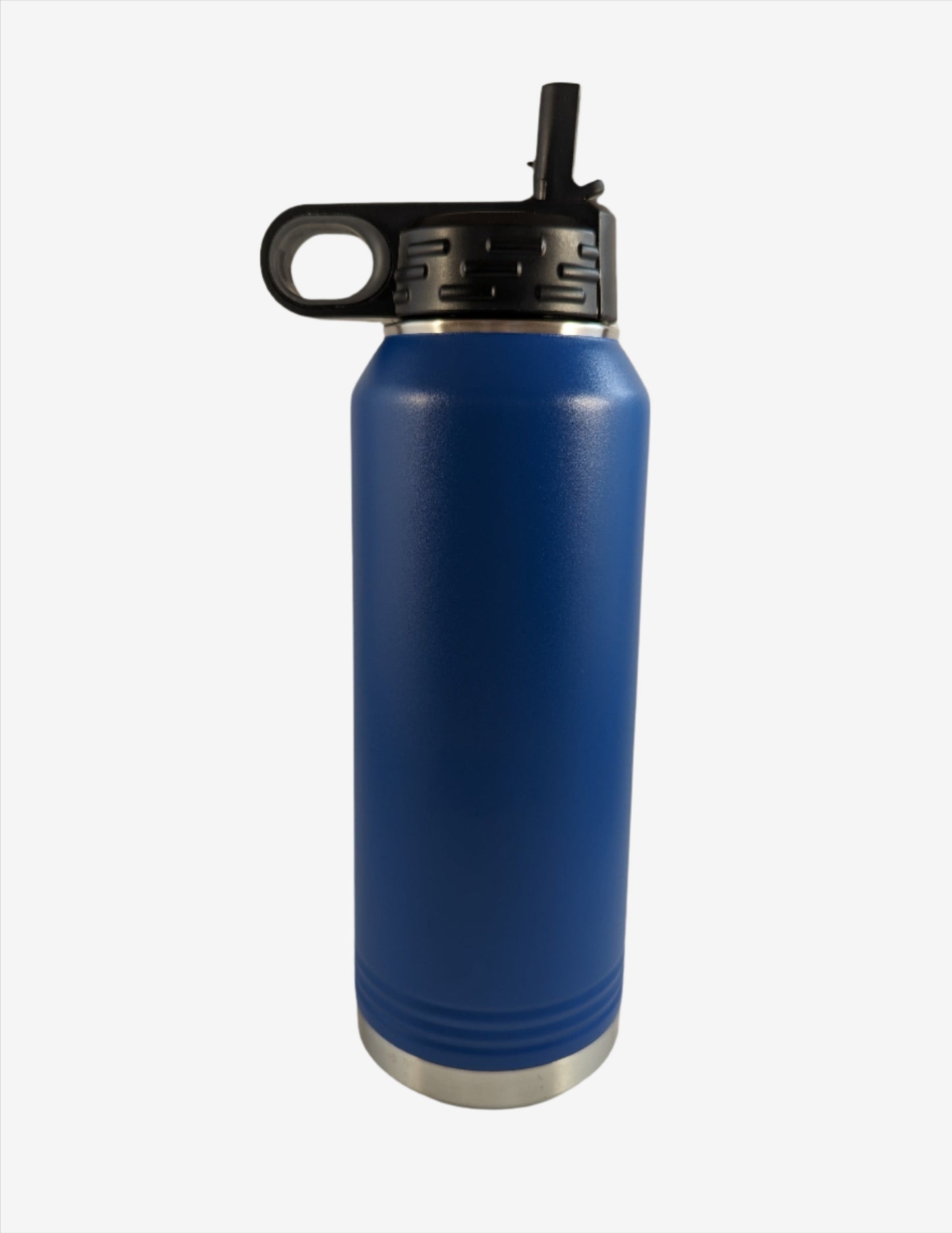 A royal blue stainless steel water bottle with custom laser engraving displayed. The bottle is sleek and functional, featuring precise, silver-colored engravings along its surface, showcasing the personalization option available.