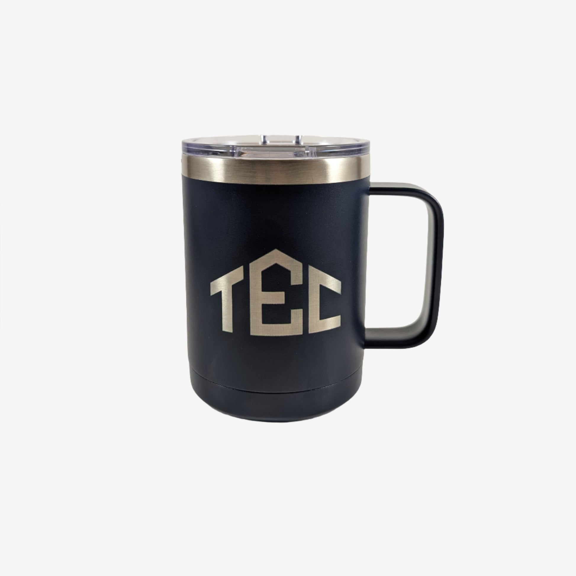 A royal blue stainless steel mug with custom laser engraving displayed. The mug is sleek and functional, featuring precise, silver-colored engravings along its surface, showcasing the personalization option available.