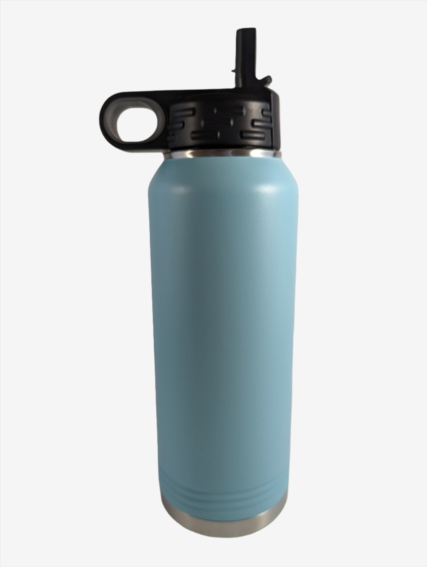 A teal stainless steel water bottle with custom laser engraving displayed. The bottle is sleek and functional, featuring precise, silver-colored engravings along its surface, showcasing the personalization option available.