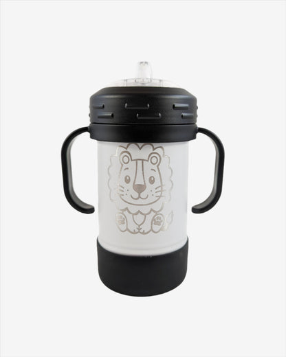 A white stainless steel sippy cup with custom laser engraving displayed. The sippy cup is sleek and functional, featuring precise, silver-colored engravings along its surface, showcasing the personalization option available.