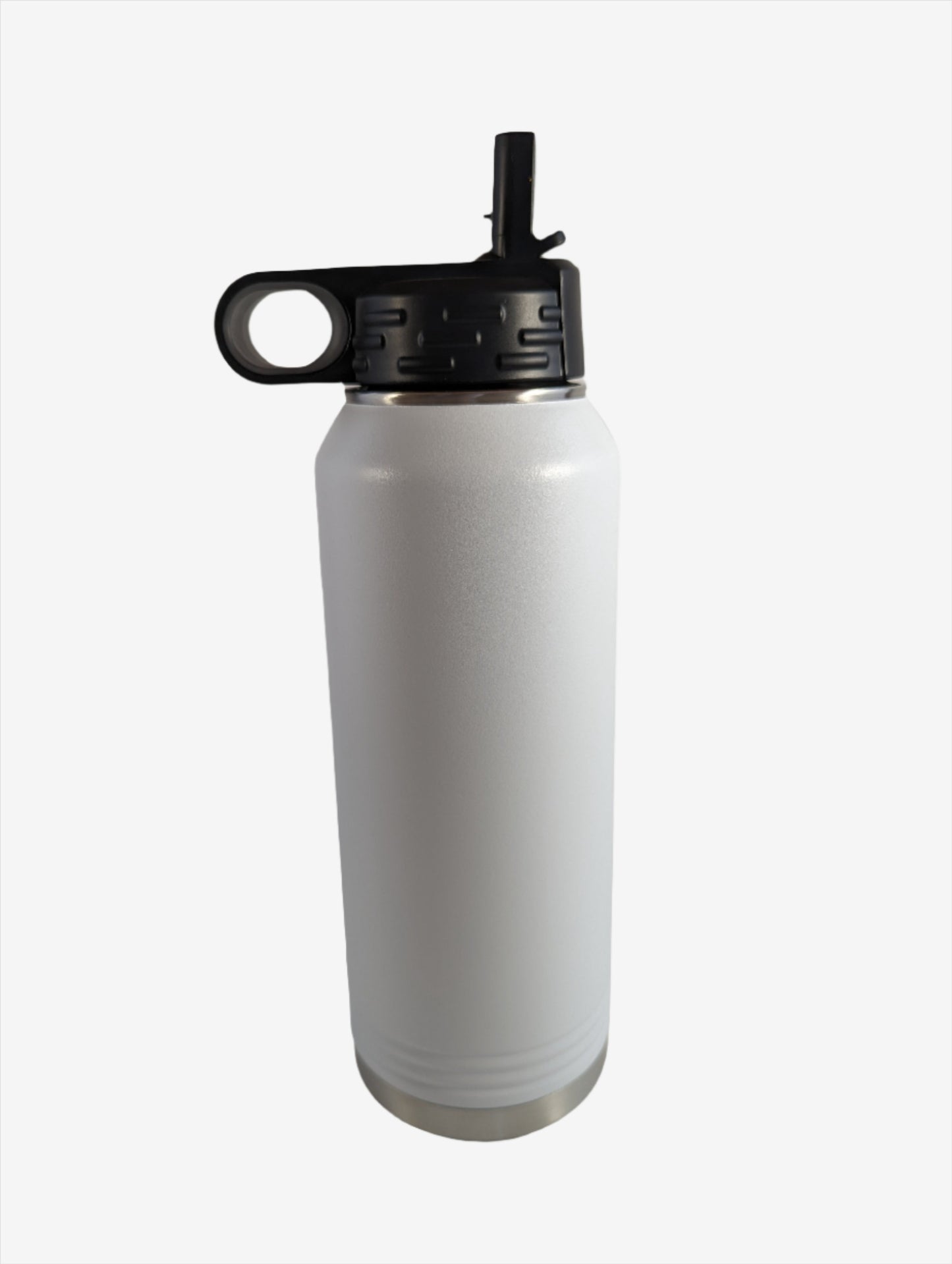 A white stainless steel water bottle with custom laser engraving displayed. The bottle is sleek and functional, featuring precise, silver-colored engravings along its surface, showcasing the personalization option available.