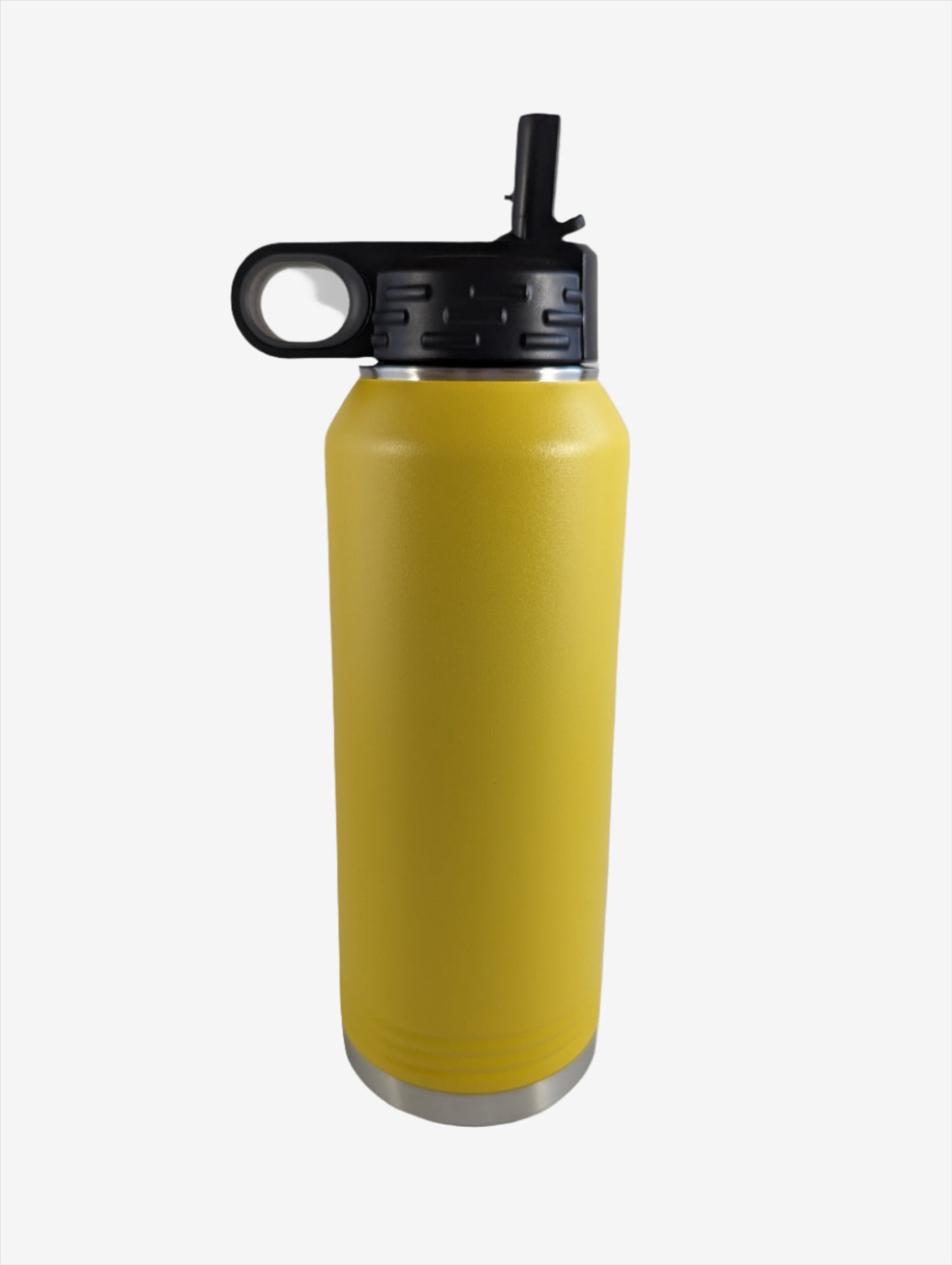 A yellow stainless steel water bottle with custom laser engraving displayed. The bottle is sleek and functional, featuring precise, silver-colored engravings along its surface, showcasing the personalization option available.